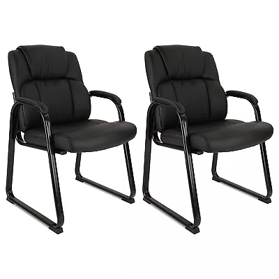 Leather Guest Chair With Sled Base In Black Mid Back Office Executive Side Chair • $118.99
