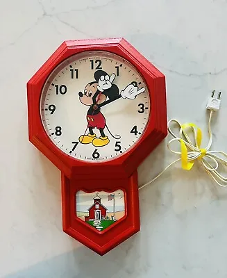 Vintage Disney Mickey Mouse School House Red Wall Clock Welby By Elgin 1974 • $18