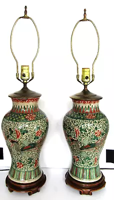 Antique Chinese Ming Dynasty Famille Verte Phoenix Vase Table Lamps - A Pair  • $1299