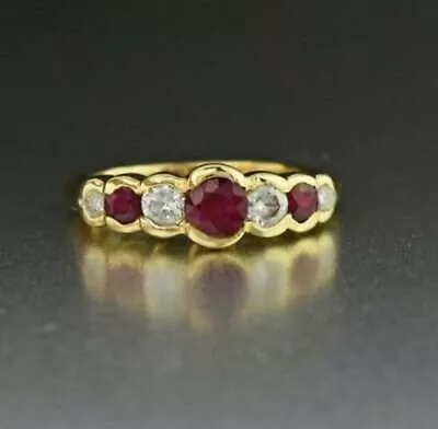 2Ct Round Simulated Red Ruby & Diamond Vintage Ring Yellow Gold Plated Silver • $119.99