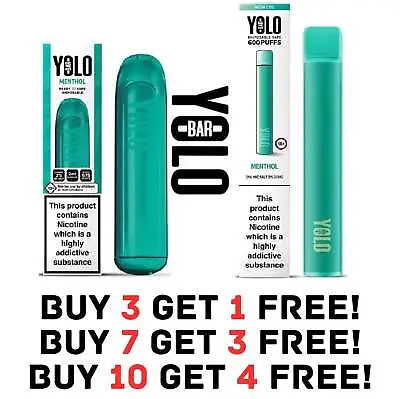 Yolo Menthol Disposable Vape Pen 20mg Nic Salt 600Puff Bars Ecig Juice Pod Kit • £0.99