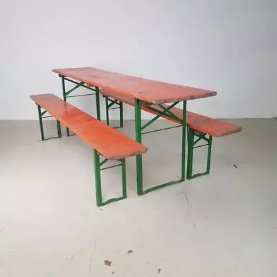 Vintage Industrial German Beer Table Bench Set Garden Furniture Orange • $341