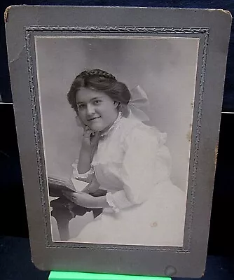 Cabinet Card Photo- Beautiful Woman Reading Book Sitting In Chair- White Dress  • $6