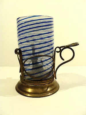 RARE 19th C. CONTINENTAL CANDLE LAMP With VENETIAN ART GLASS SHADE COBALT SWIRL • $599.99