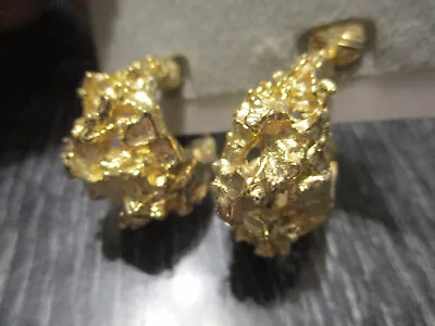 Vintage Brutalist Gold Tone Nugget Wide Hoop Drop Statement Clip On Earrings! • $19.99