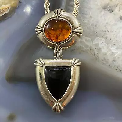 Carolyn Pollack Vintage Southwestern Style Sterling Silver Amber & Onyx Pendant • $82.50