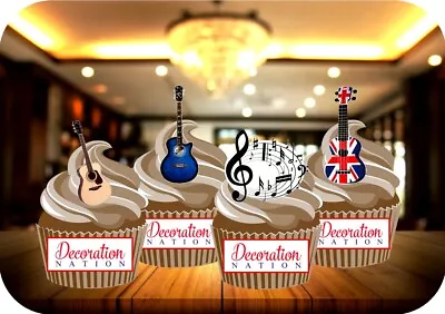 Acoustic Guitar Mix With Musical Notes - 12 PREMIUM STAND UP Edible Cake Toppers • £3.79