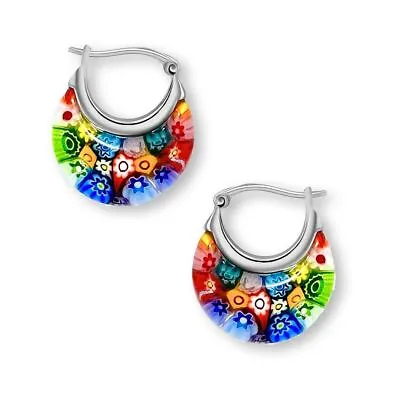 Fashion Daisy Flower Murano Style Millefiori Colorful Gorgeous Hoop Earrings • $19.99