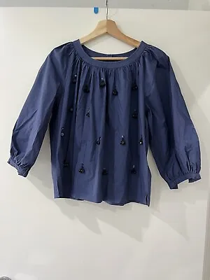 J CREW Embellished Crisp Cotton Navy Blue Short Sleeve Top Blouse XS • $23