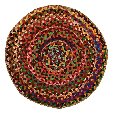 Fair Trade Recycled Cotton & Jute Round Rag Rug - Multicolour Rainbow 50cm (RD5) • £15.49