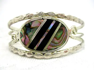 Vintage Jewelry Signed Alpaca Mexico Abalone Shell Silver Tone Cuff Bracelet • $28