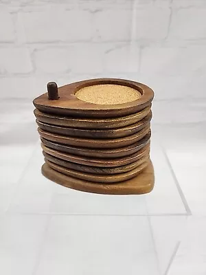 Vtg Mid Century Modern Teardrop Sere Hard Wood & Cork Coasters W/Stand 8 Pc Set • $15