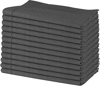 £37.99 • Buy Linen Hemstitch Charcoal NAPKINS Wedding Dinner Table Linen Cloth - Set Of 12