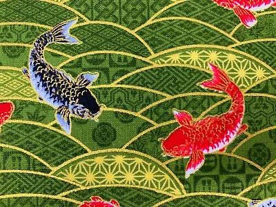 £5.16 • Buy Fish Fabric, Oriental Koi Carp, Japanese Green Gold Cotton, Chinese Asian