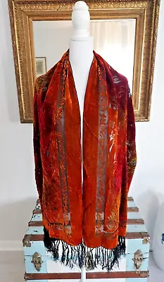 Vintage Silk Piano Scarf Velvet Burn Out Shawl Wrap Floral Fringe Reds Orange • $39.99