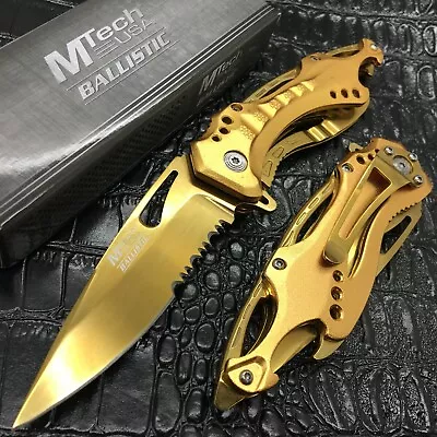 M-Tech Spring Assisted ALL GOLD TI-Coated Aluminum Tactical Rescue Pocket Knife! • $15.99