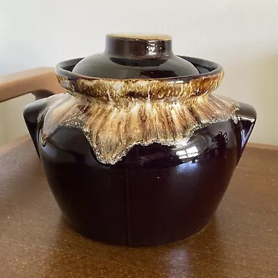 Vintage MCM Brown Drip Glaze Stoneware Bean Pot With Lid 1960s 5” Tall USA Made • $9.97