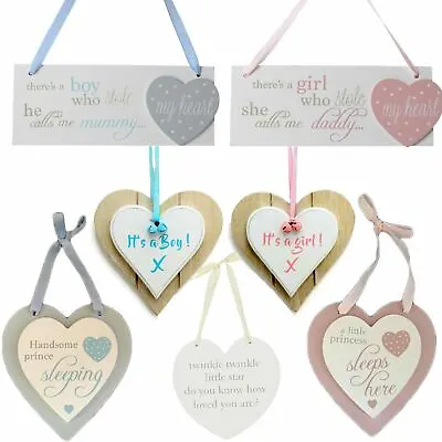 £2.75 • Buy Baby Boy Girl Wooden Heart Plaques New Born Nursery Room Decor Blue Pink Sign