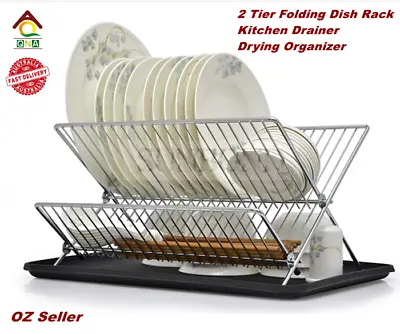 2 Tier Folding Dish Rack Kitchen Drainer Drying Organizer AU Stock Silver • $32.50