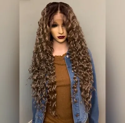 Long Curly Daily Wig. Dark Ash Blonde Human Hair Blend Lace Front Middle Part • $115