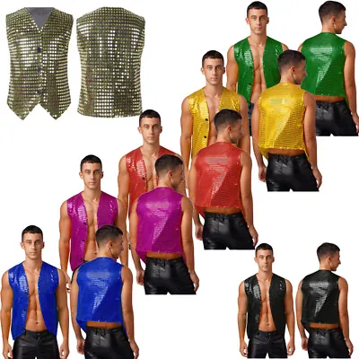 Mens Jacket Vintage Waistcoat Sparkling Vest Sequin Clubwear Button-Up Costume • $13.48