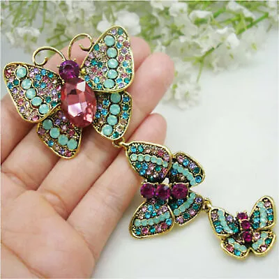 Vintage 3 Butterfly Pendant Woman Brooch Pin Multi-color Rhinestone Crystal • $10.09