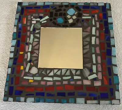 Handmade Mosaic Framed Mirror Colorful Stained Glass Grey Grout Square 12”x12” • $40