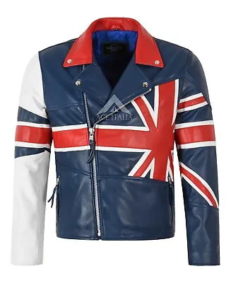 Men's Biker Cross Zip UK Union Flag Brando Motorcycle Lambskin Leather Jacket • £103.99