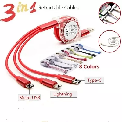 3 In1 Retractable Multi USB Data Charger Charging Cable For IPhone 14 13 12 11 • £2.69