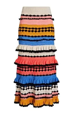 Zimmermann Tiggy Frill Tiered Skirt | Crochet Navy Multi Colourful Stretch • $259.05