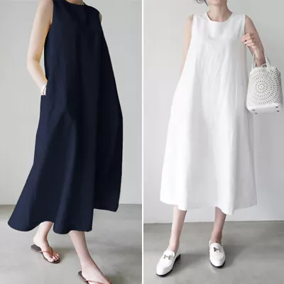 $22.79 • Buy Women's Linen Cotton Kaftan Sleeveless Sundress Flare Swing A-Line Maxi Dresses