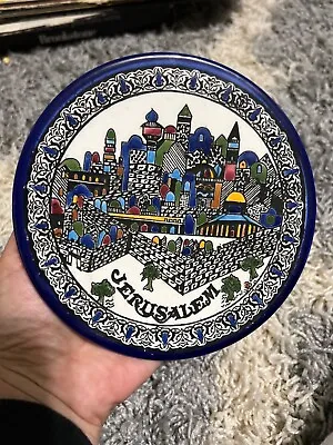 JERUSALEM CITY Hand Painted DECORATIVE PLATE Ceramic WALL DECOR Blue Vintage • $15