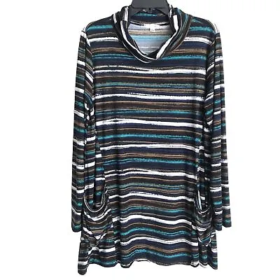 Erin London Sz L Top Tunic Pullover Long Sleeve Cowl Neck Pockets Stripes • $12