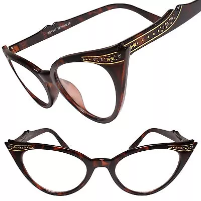 Stylish Fashion Vintage Rhinestone Cat Eye Womens Clear Lens Glasses Tortoise • $14.99