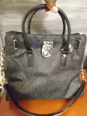 Michael Kors Hamilton Large Black Tote Handbag Silver Hardware Handle Strap Key • $40