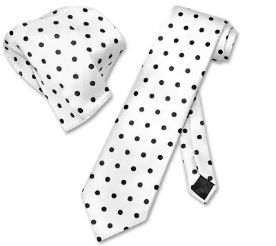 Vesuvio Napoli WHITE With BLACK Polka Dots NeckTie Handkerchief Matching Tie Set • $13.95
