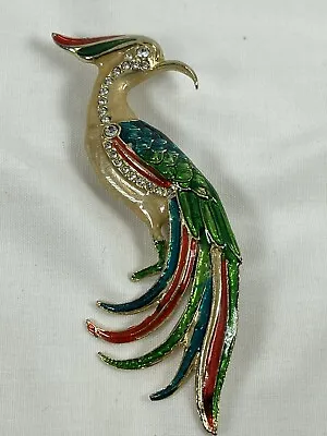 Vintage Rhinestone Enamel Peacock Brooch Figural Bird Pin Gold Jewel Tone 4” • $19.95