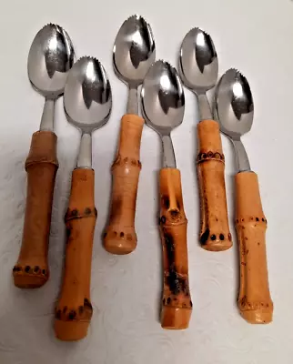 Vintage MCM Grapefruit Spoons Bamboo Handles Serrated Stainless Set Of 6 • $15.75