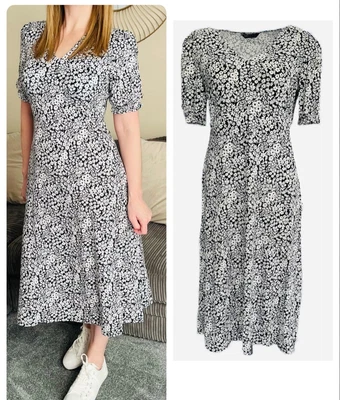 £11.99 • Buy Ladies Ex M*S Dress Short Sleeve Black Ditsy Floral Stretch Midi Long Summer NEW