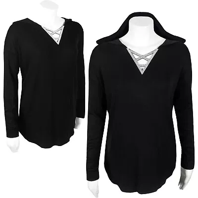 Womens Vocal Black Long Sleeve Knit Hoody Tunic Top Criss Cross Rhinestone Plus • $42.36