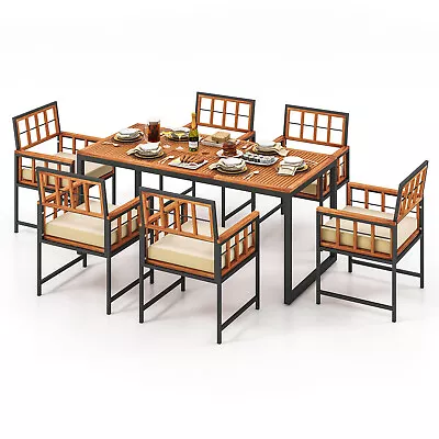 7 PCS Patio Dining Set Outdoor Acacia Wood Table W/ Soft Cushions Umbrella Hole • $599.99