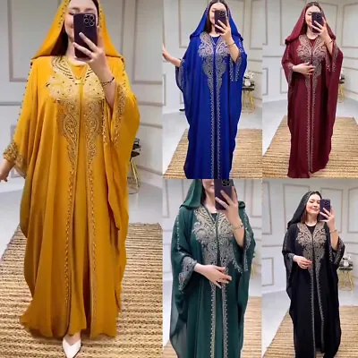 African Dashiki Women Rhinestone Hooded Kaftan Long Dress Moroccan Abaya Robe • $49.07