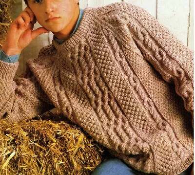 Ms008 Knitting Pattern Men’s  Aran Sweater Size 34 To 44 Ins • £2