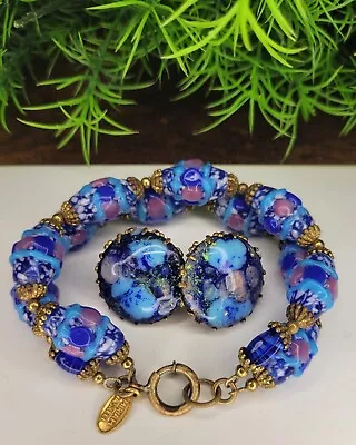 MIRIAM HASKELL Signed Bracelet Earring Married Set Art Glass Brass Accents • $63