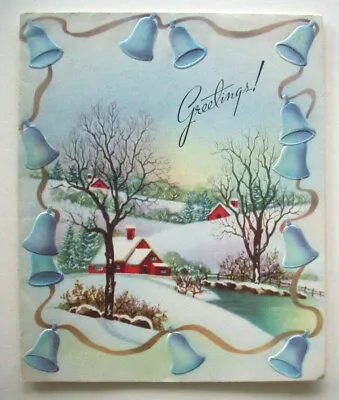 50's Bell Border Red Homestead By Stream  Vintage Christmas Greeting Card *E10 • $6.99