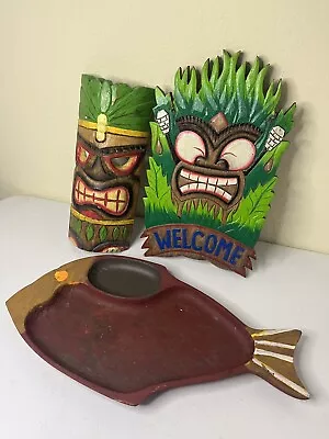 Wooden Tiki Masks Polynesian Party Hand Carved Island Style Bundle Lot Of 3 • $24.99