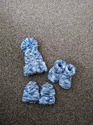 Hand Knitted Baby Hat Mittens And Booties Set Size Newborn - Blue Fleck • £2.10