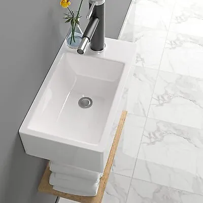 Small White Bathroom Wall Hung Cloakroom Ceramic Compact Wash Basin Sink 370mm • £15.99