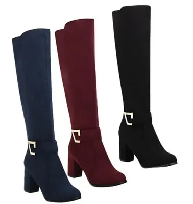 Womens Zip Knee High Boots Buckle Round Toe Block Mid Heels Faux Suede Shoes 39 • $86.56