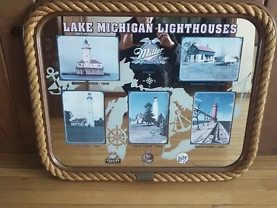 Rare Vintage Lake Michigan Lighthouses Mirror Miller Brewing Co. Nautical Rope • $99